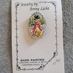 Hand Painted Jenny Licht Snowman Pin 1 1/2" x 1" Holiday Christmas Jewelry Cute